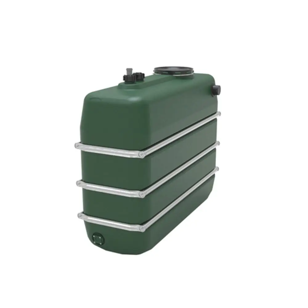 Grüner Wasserhausspeicher mit mehreren horizontalen Rillen und einem Deckel. An der Seite befindet sich eine Abflussöffnung. Produkt von Roth.